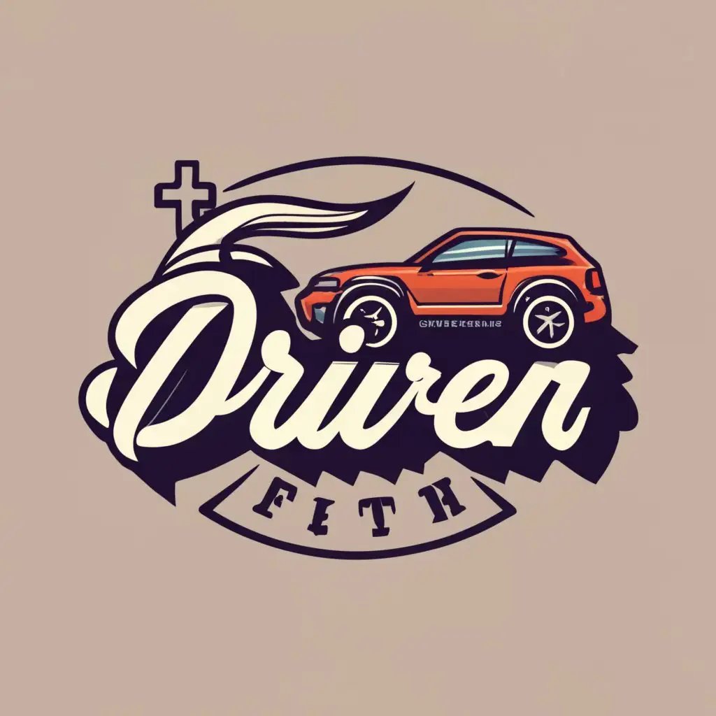 logo, jdm car and a holy cross, with the text "faith driven", typography, be used in Automotive industry