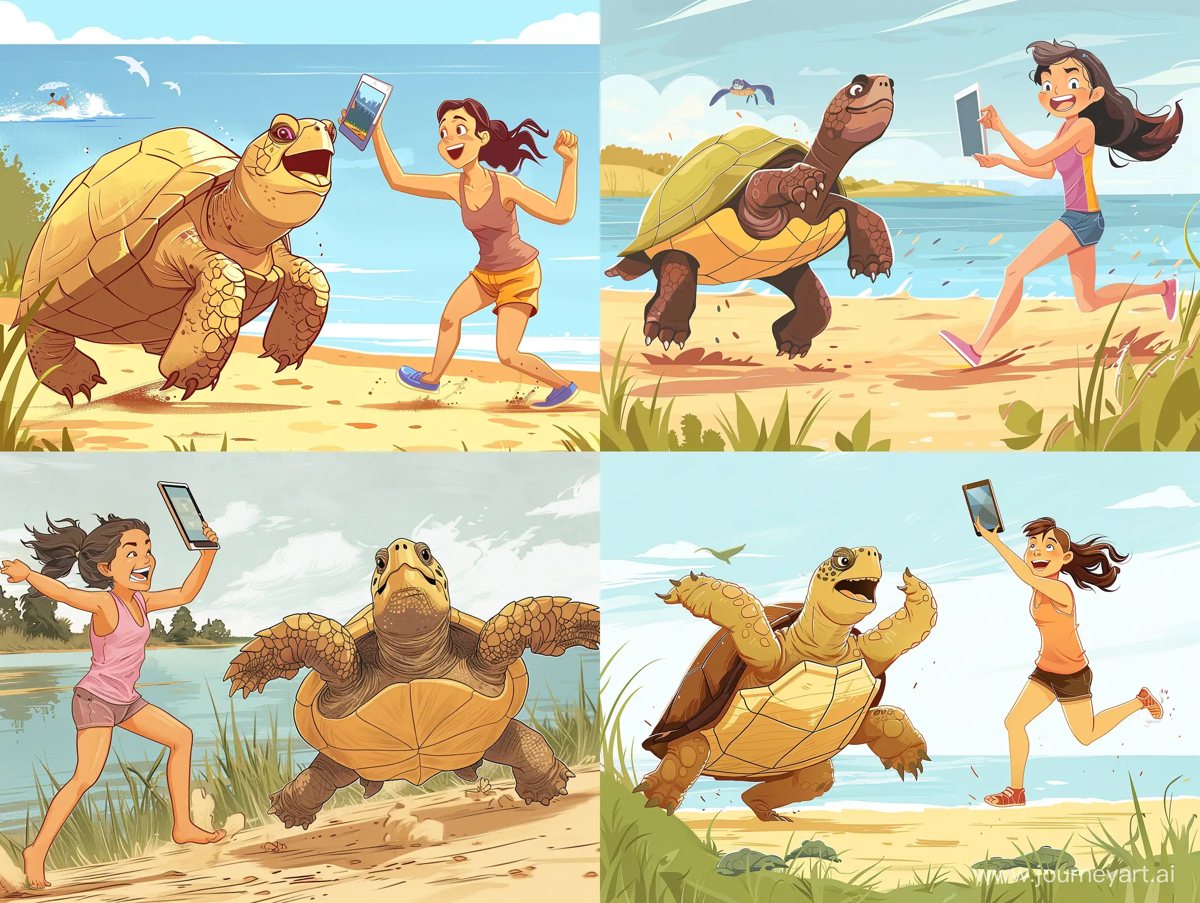 landscape format, sideview, summer, hot, lake shore, a big turtle is running hard on its hind legs, a jolly girl in a tank top is chasing it in the same direction, the girl is running with her tablet raised high to take a picture, in Cartoonish Illustration style 