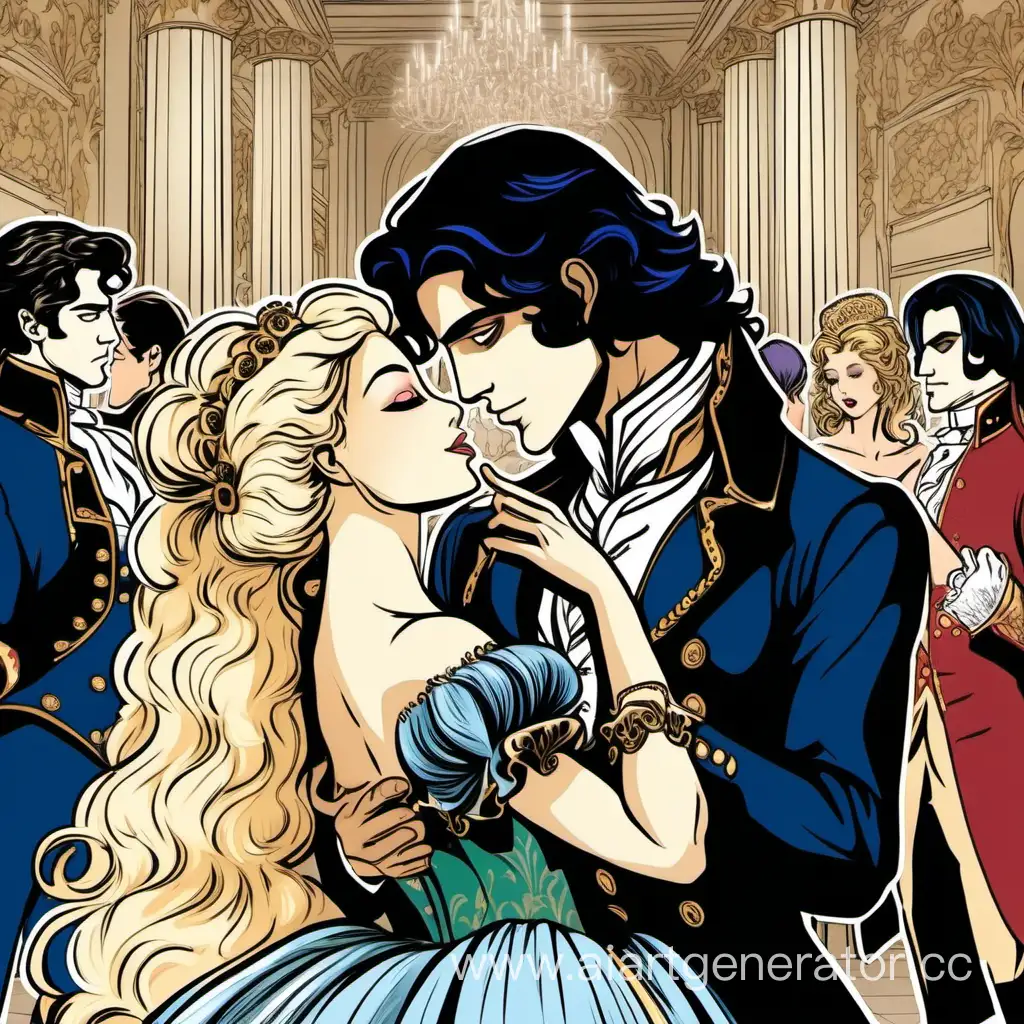  принцесса с черными волосами танцует на балу маскараде  в версале с принцем. принц блондин.  Губы почти соприкасаются в поцелуе. 