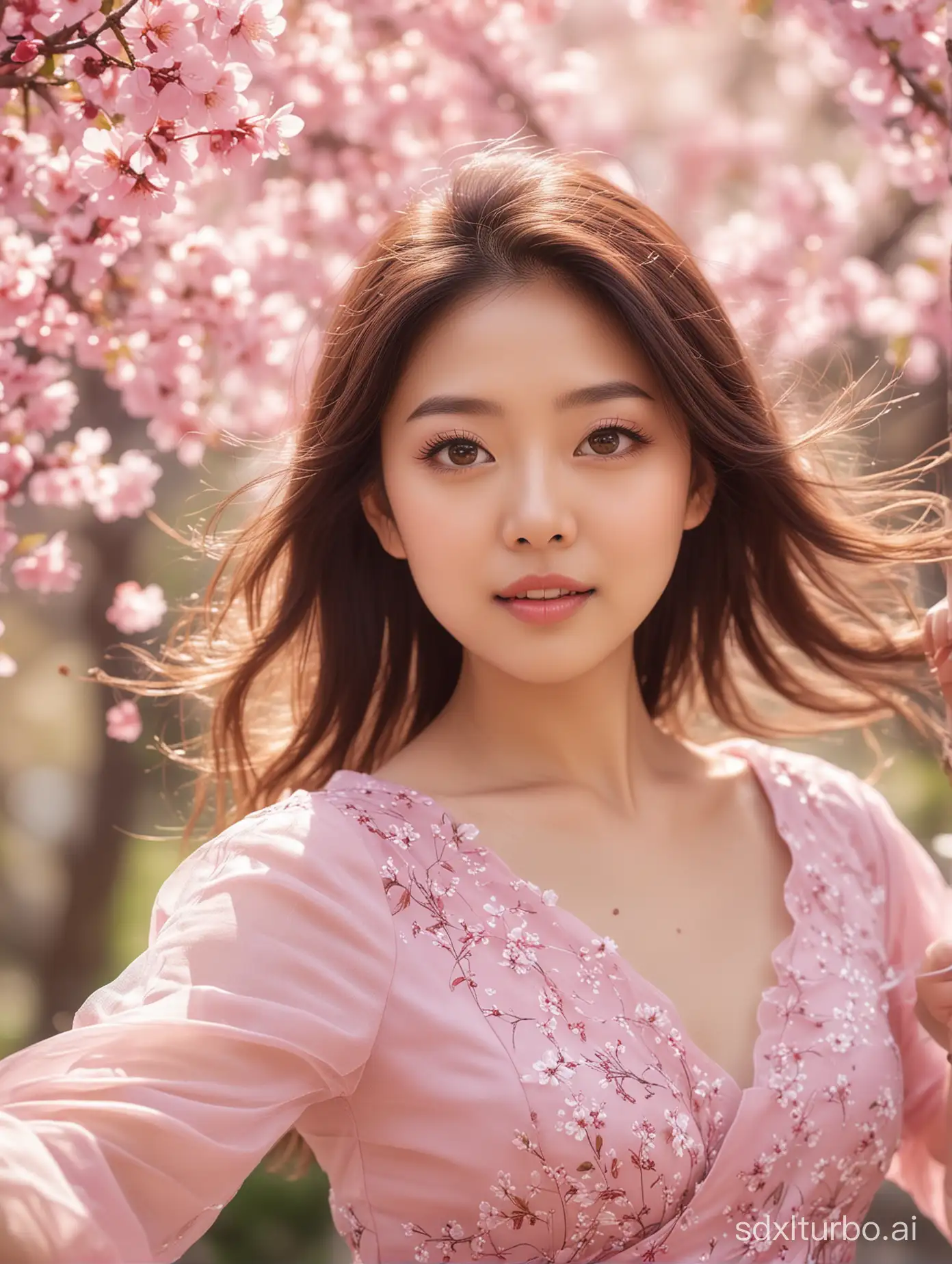 An elegant Asian girl wearing a pink dress, close-up shot, big eyes, delicate features, dancing in the cherry blossom blooming garden, petals falling in the wind, sunlight shining on her hair through the leaves, romantic spring atmosphere, vivid dynamic capture, dreamy background blur effect, fine facial features, high dynamic range colors, full body photos