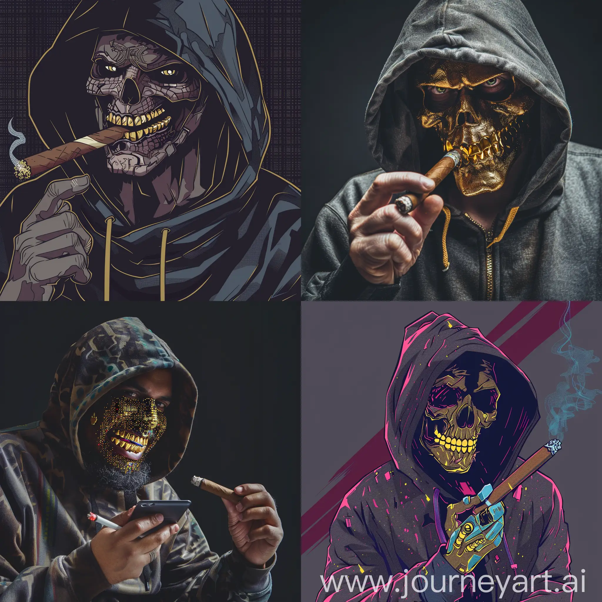 hacker wearing a hoodie with a gold teeth and holding cigar, with a hacking theme