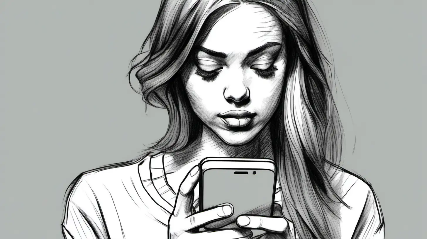 Young Woman Engrossed in Phone Black and White Sketch Portrait