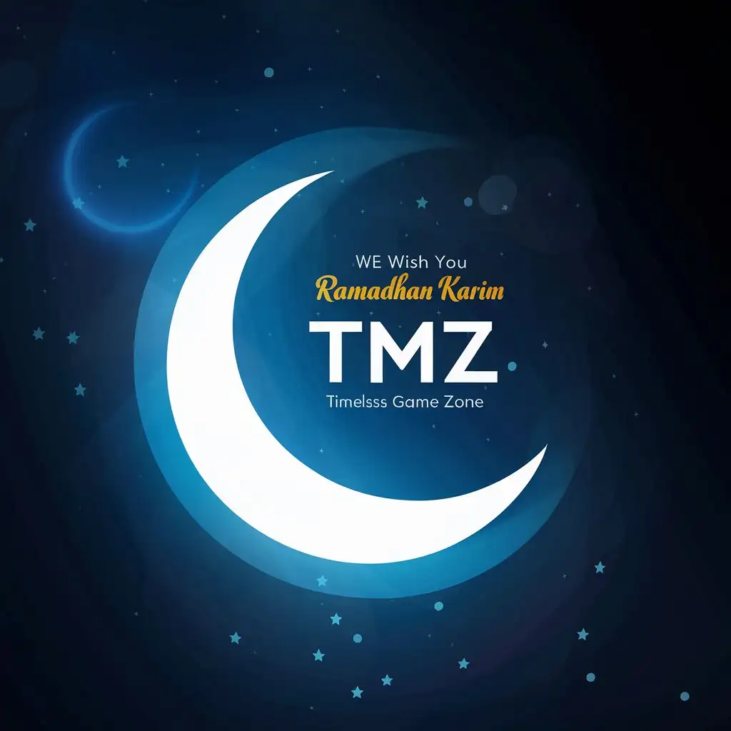 logo, Bright Crescent moon. WE WISH YOU RAMADHAN KARIM in the background, with the text "TIMELESS GAME ZONE, acronymn TMZ", typography, be used in Entertainment industry