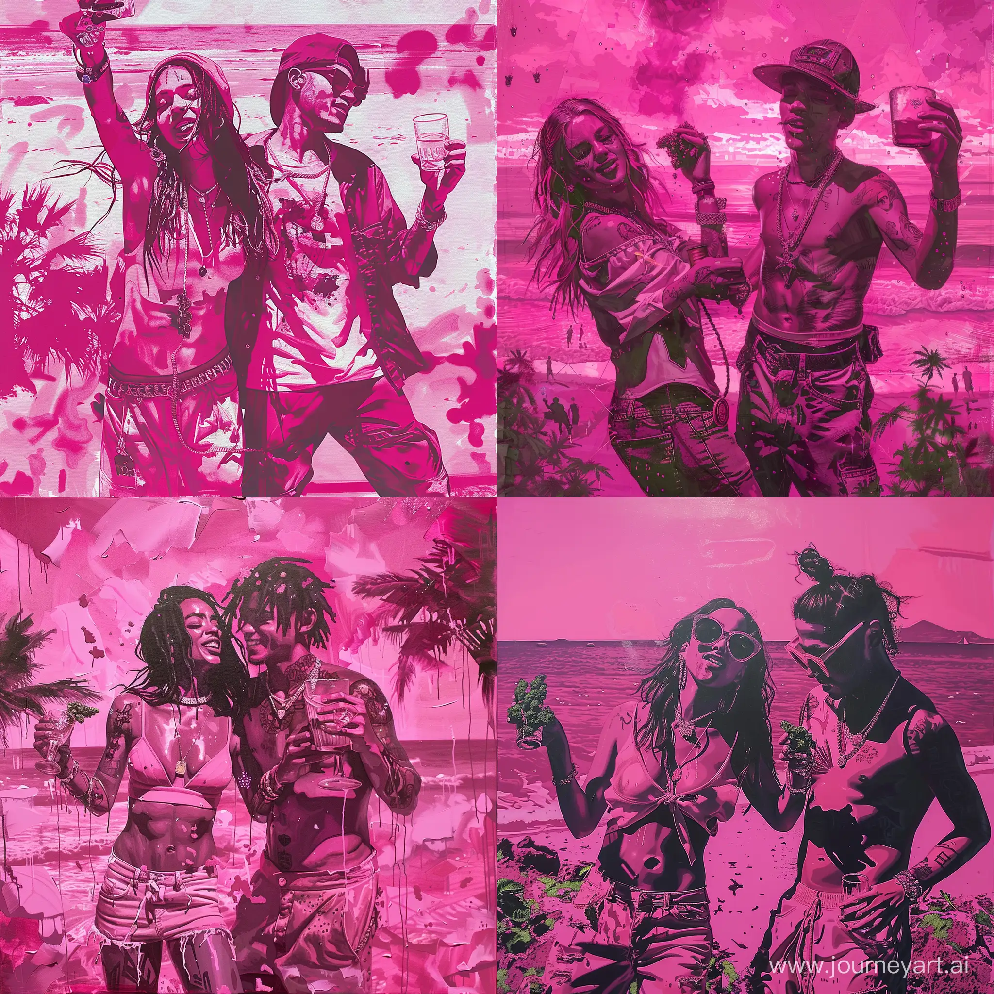 Girl and boy dancing, their background is a club party by the sea, the overall color of the work is pink, their faces are not clear, they are a gangsta couple and they are dressed in Lash and hip-hop clothes, the girl is holding marijuana and the boy is holding a glass of alcohol be