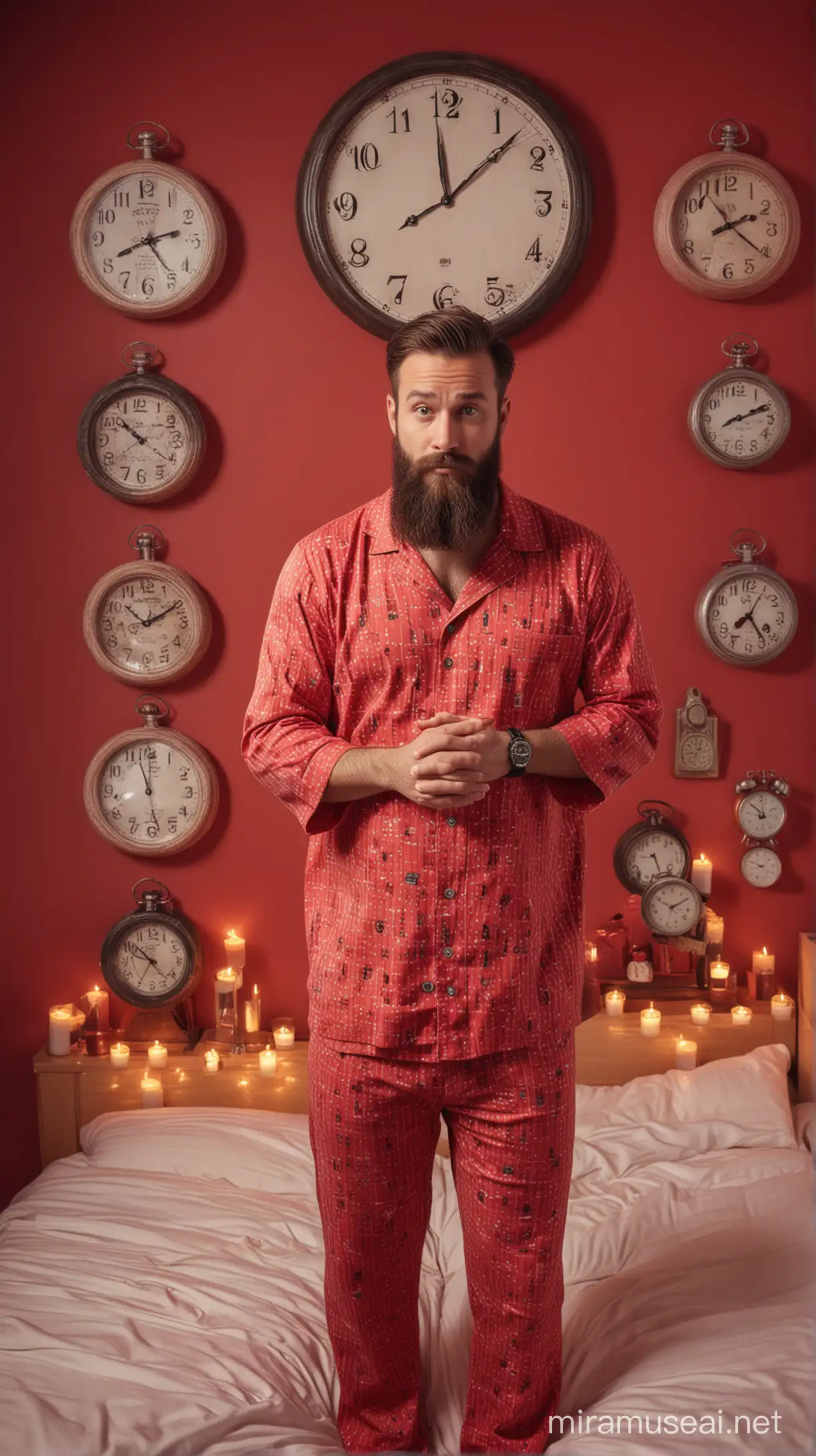 Entrepreneur in Pajamas with Dual Time Watches Amidst Candlelit Clockfilled Bedroom