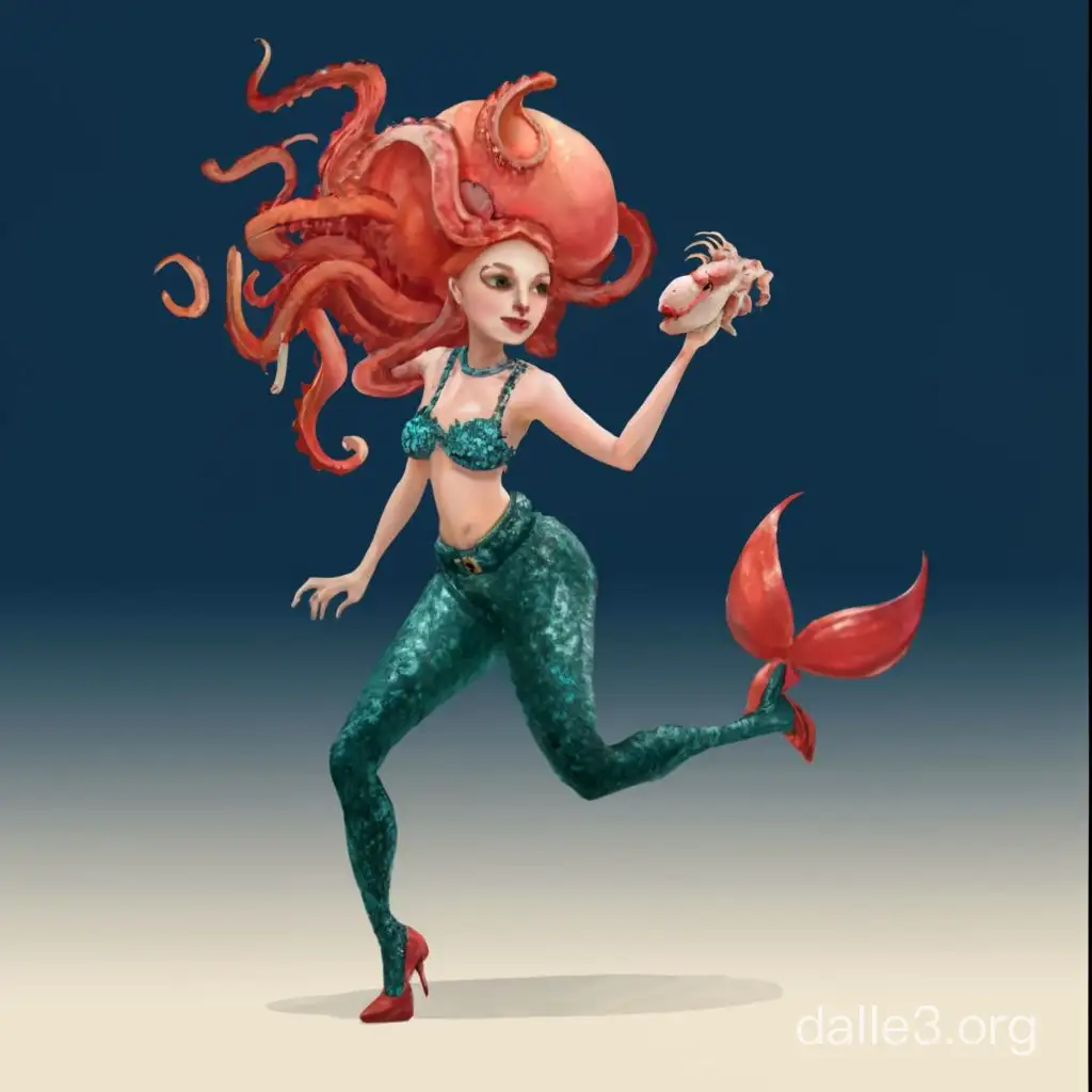 A mermaid in pants and heels dances a twist with a crab-headed squid
