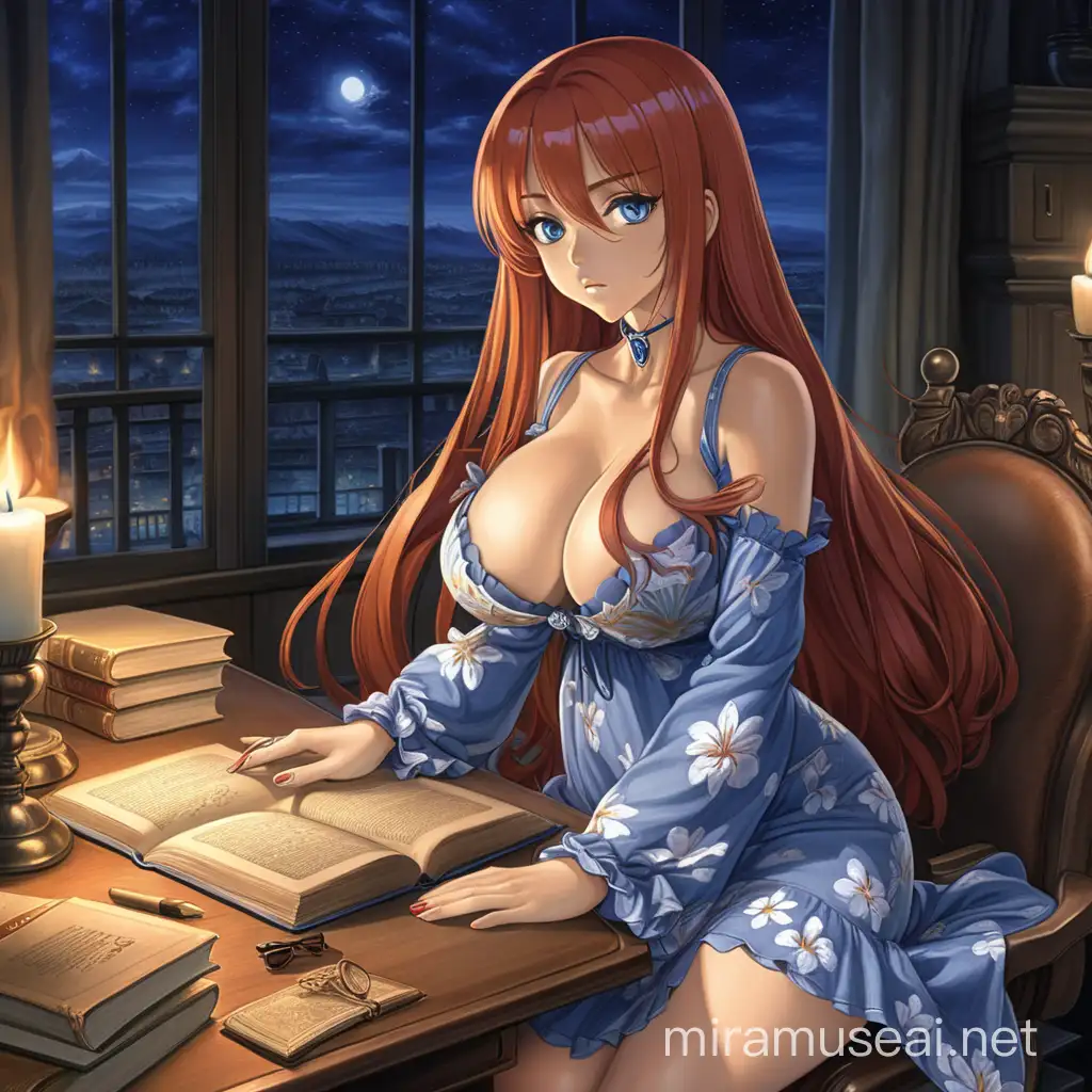 Anime style - red-headed, long-haired, grey-eyed, tanned woman with large breasts, wearing a short, skin-tight flowery blue dress with large cleavage, sitting at a desk in the middle of the night, iluminated by half-burnt candle, and reading ancient looking, thick boom