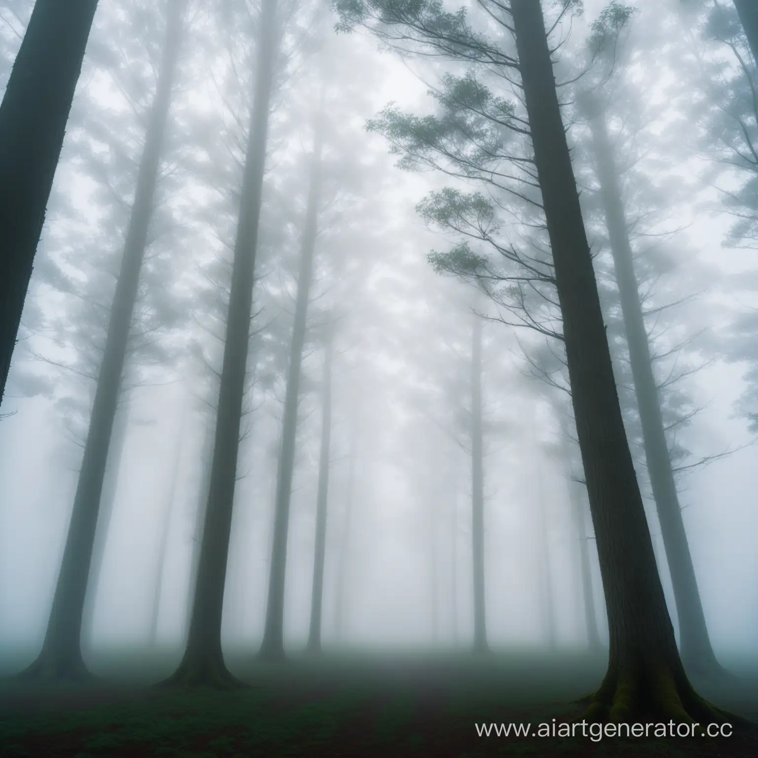вокруг деревья и густой туман в котором еле как видно деревья атмосфера