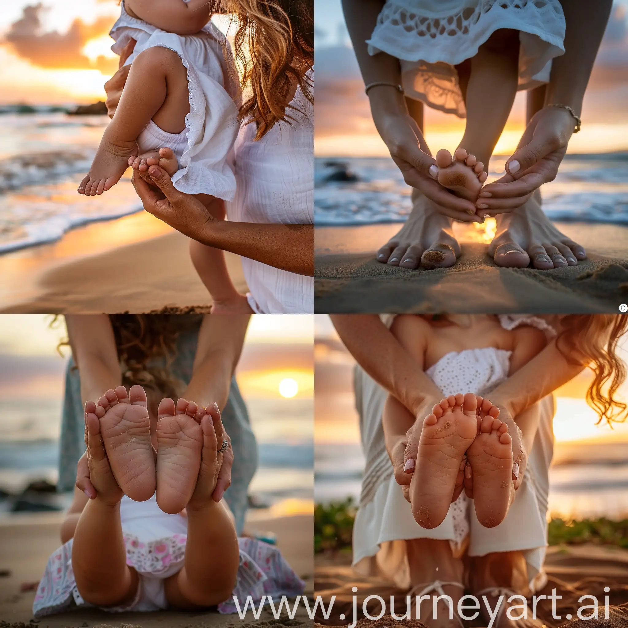 A loving mother cradles her daughters feet in her hands in a beach at sunset. With immense affection, she kisses the soles of her daughters adorable little feet showcasing her love and tenderness. This is a tender moment shared between the mother and her daughter