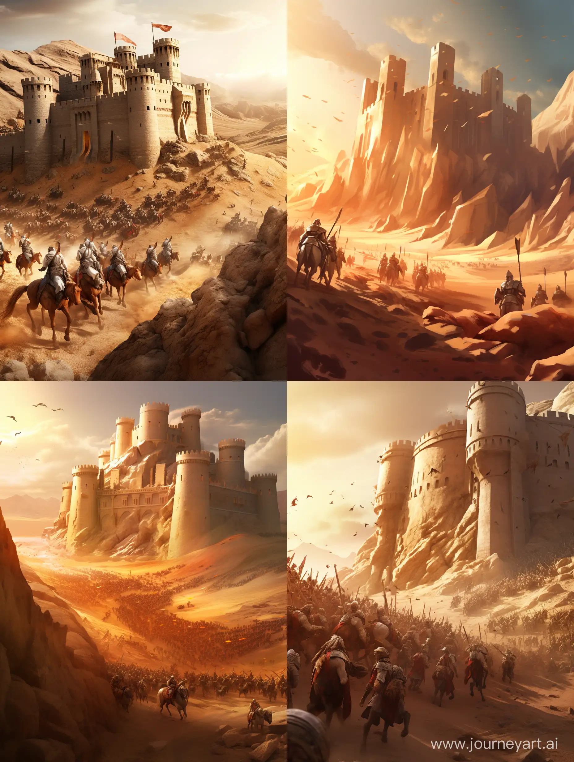 ancient epic battlefield in arab, sunny day, sand dunes, rocks, fortress in background, templers vs Muslim fight, horses, concept art style