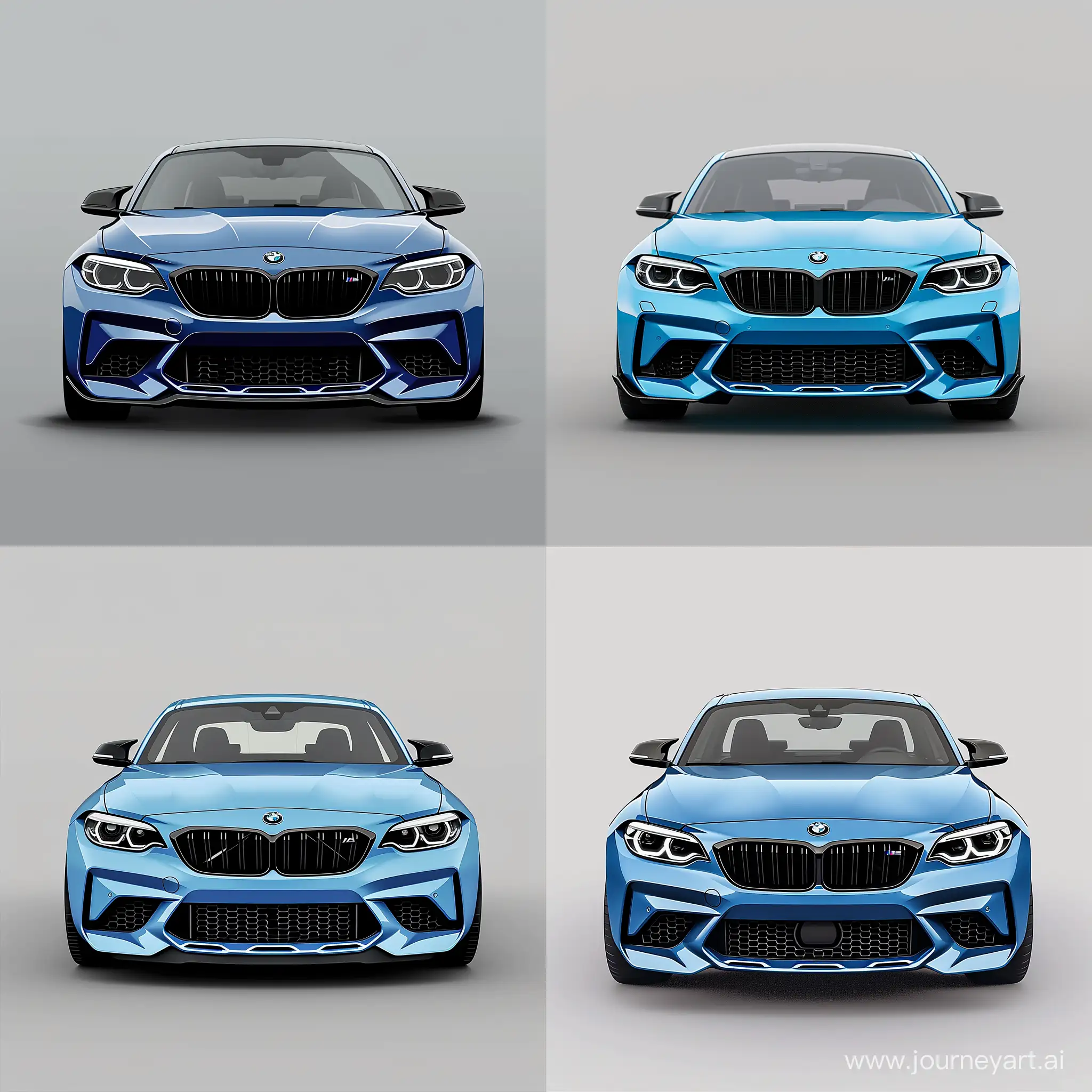 Minimalism 2D Illustration Car of Front View, BMW M2 2023: Blue Body Color, Simple Gray Background, Adobe Illustrator Software, High Precision
