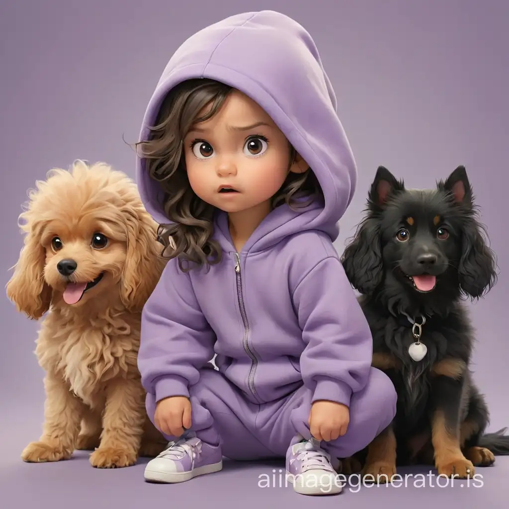 a drawing in which a five-year-old girl with very long hair down to her butt and dressed in a lilac jumpsuit with a hood, and next to two dogs: a peach toy poodle puppy and an angry adult black shepherd dog
