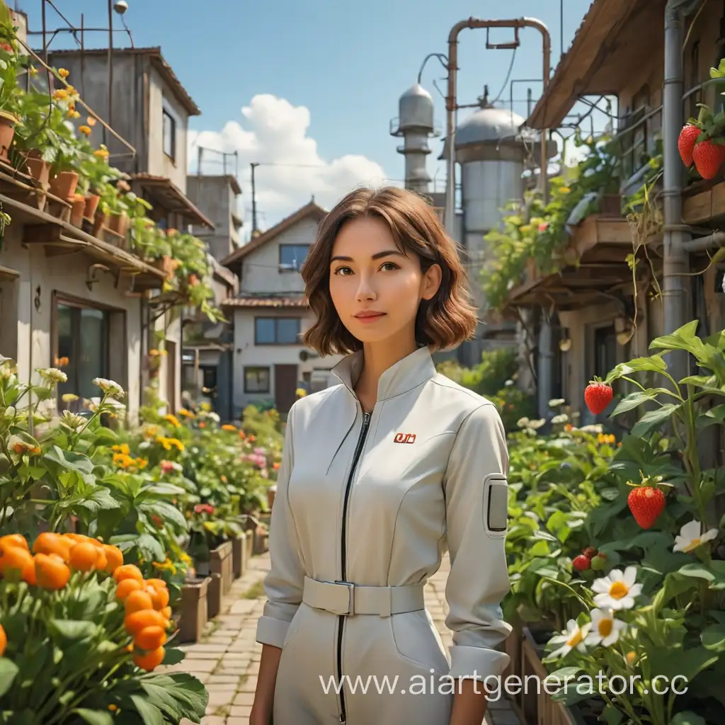 Futuristic-Portrait-of-a-HealthConscious-Woman-in-Her-HighTech-Home-with-Garden-and-Pets