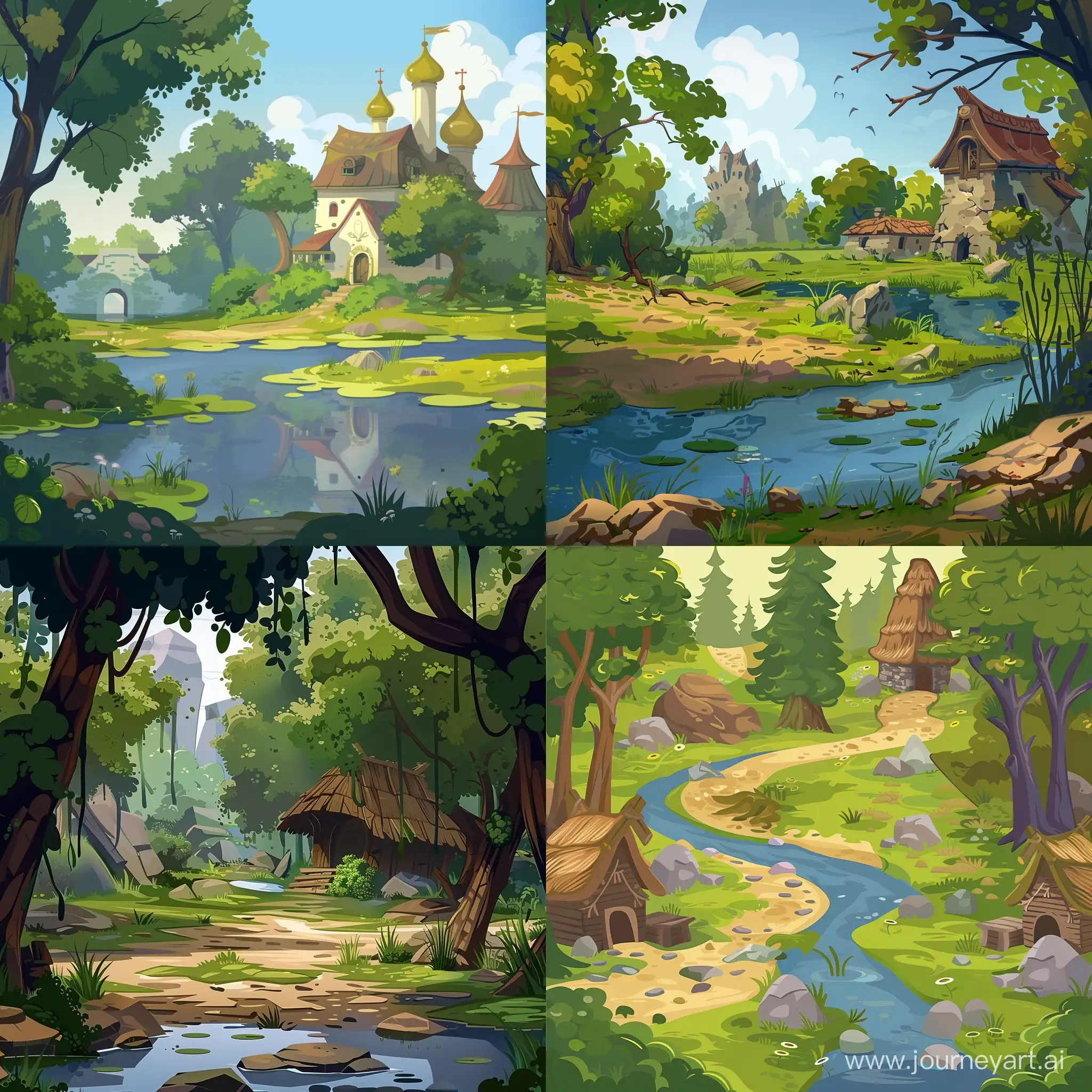 Локация для игры болото древней руси в стилистике мультфильма