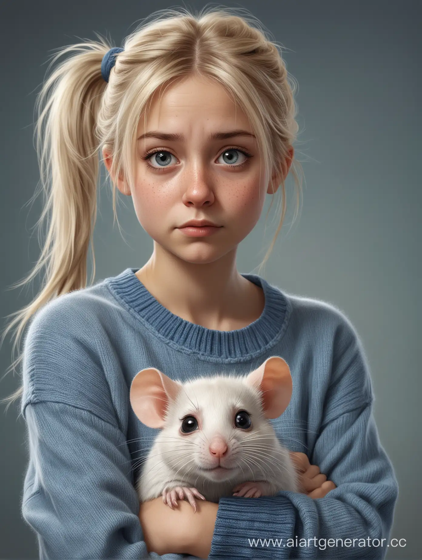 Displeased-Blond-Girl-with-Freckles-and-Rat-on-Shoulder-in-Realistic-Portrait