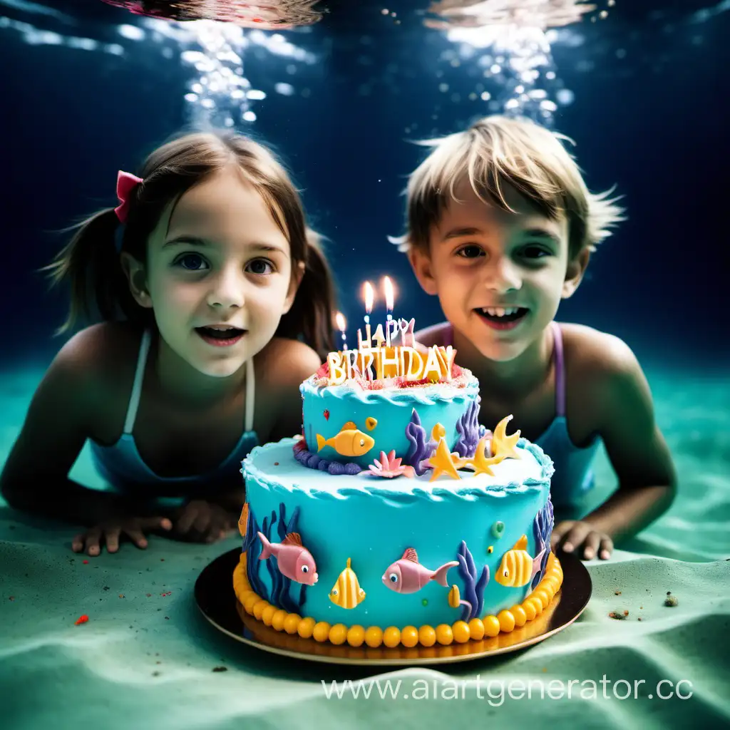 девочка и мальчик  с тортом под водой день рождения