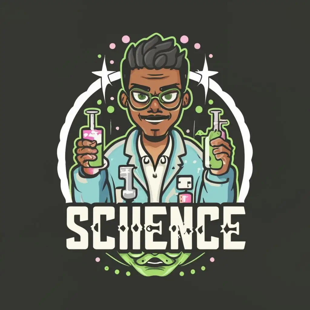 logo, Scientist, black guy, green chemicals, Evil smile, Lab, with the text "Science", typography, be used in Beauty Spa industry