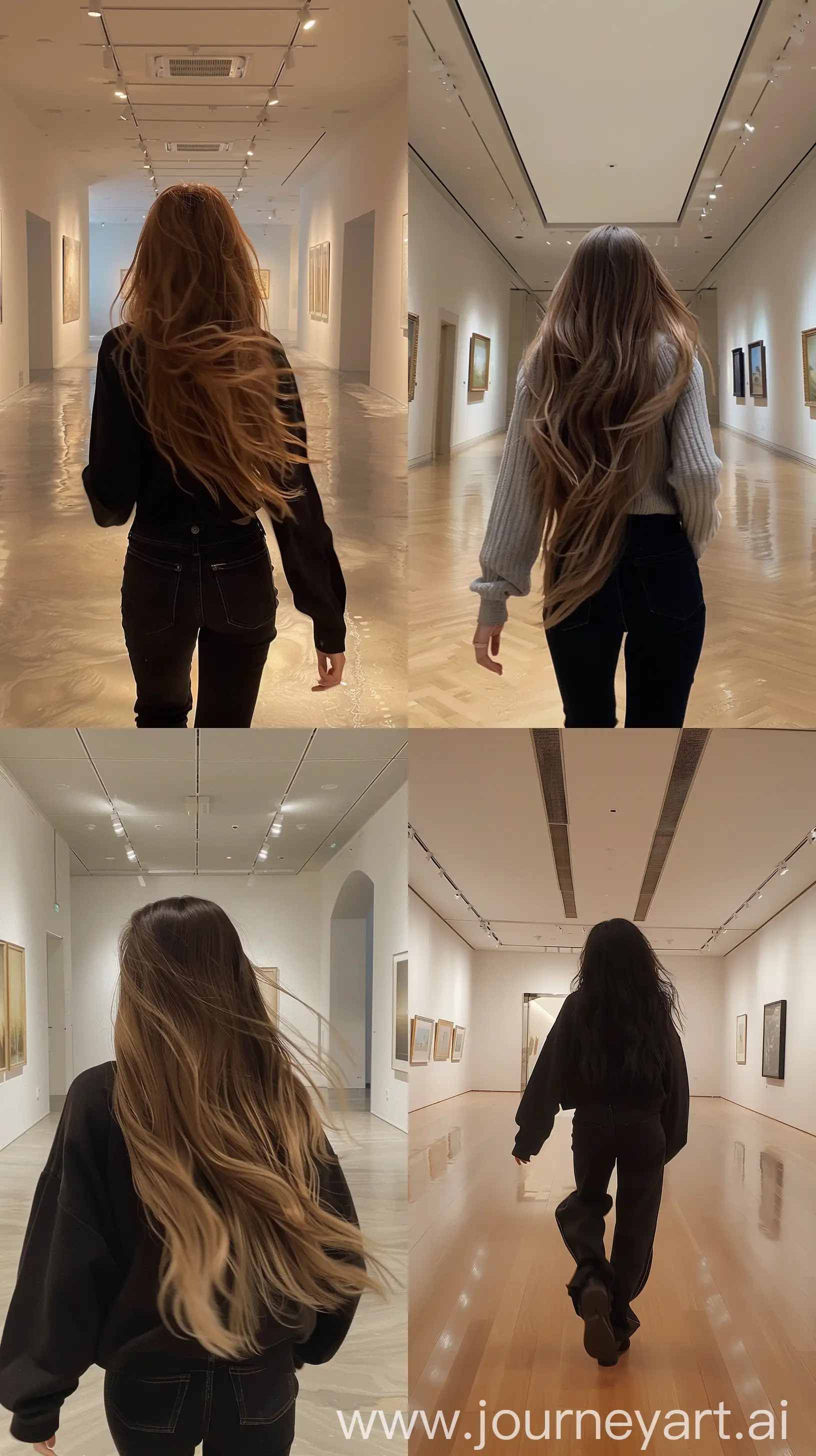 aestethic selfie, blackpink's jennie, wavy, walking inside empty art gallery, back body, hiding face --ar 9:16 
