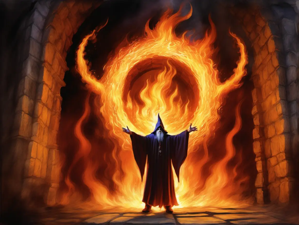 wizard summoning magical flaming portal, big devil coming out of magical flaming portal, Medieval fantasy painting, MtG art