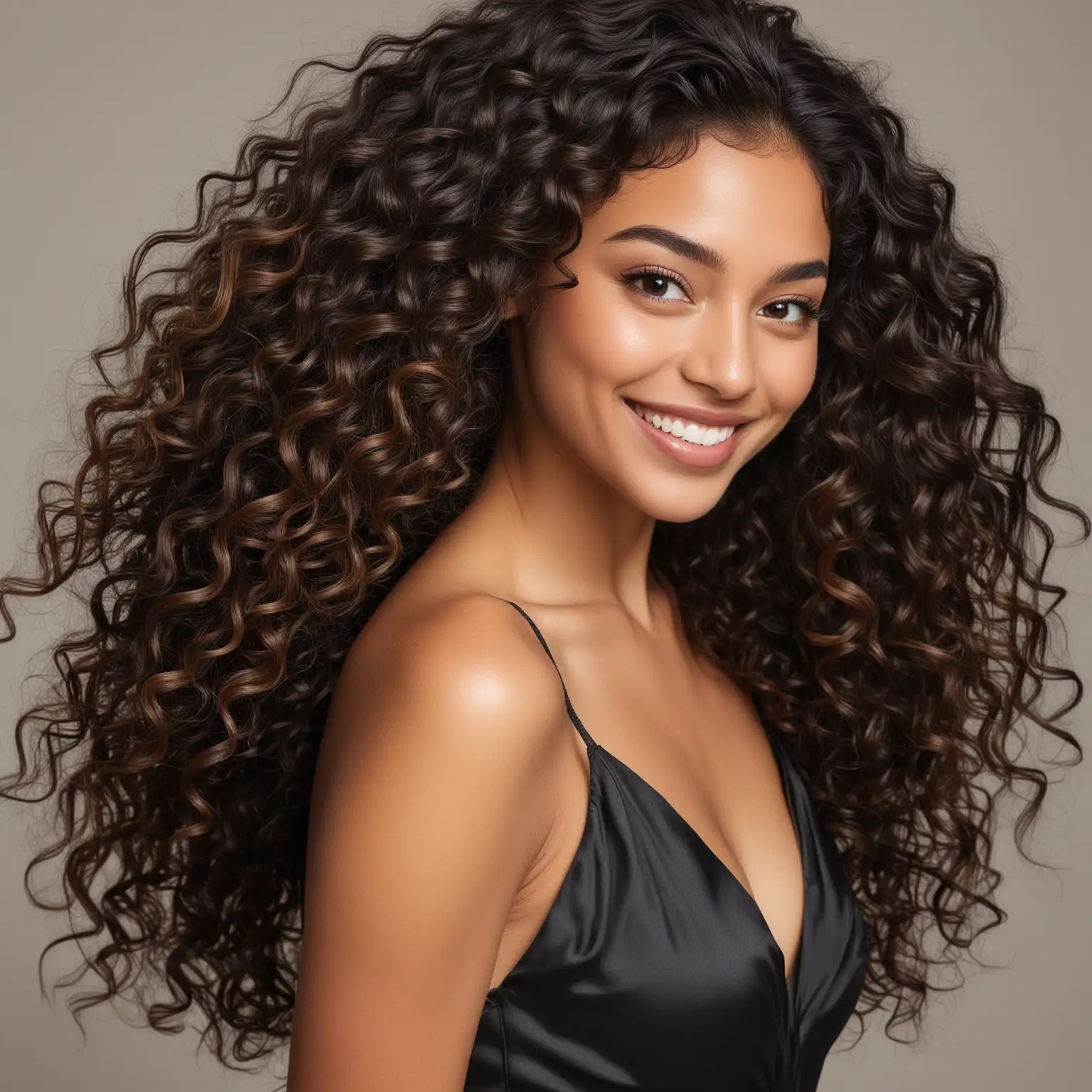 black hair model in long natural curly hair highlighted  balayage smiling. She is wearing satin dress