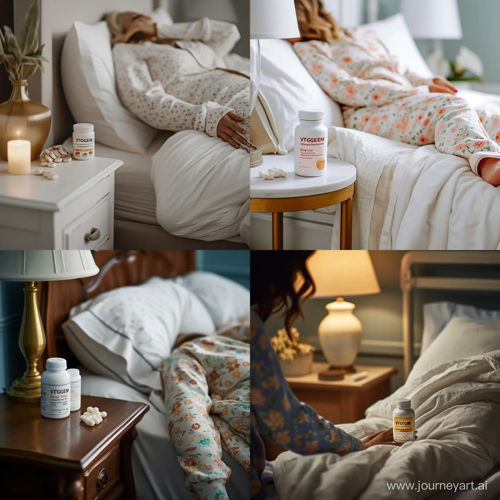 Create an image real woman a serene evening routine. Picture a person in comfortable pajamas settling into bed, a bottle of 'VITGEM Melatonin Gummies' resting on a nearby nightstand, hinting at a night of restful sleep. The setting should exude warmth and tranquility, inviting relaxation. Overlay the scene with the gentle reminder to 'Enjoy Your Evening' complemented  adding a personal touch to the tranquil night scene.