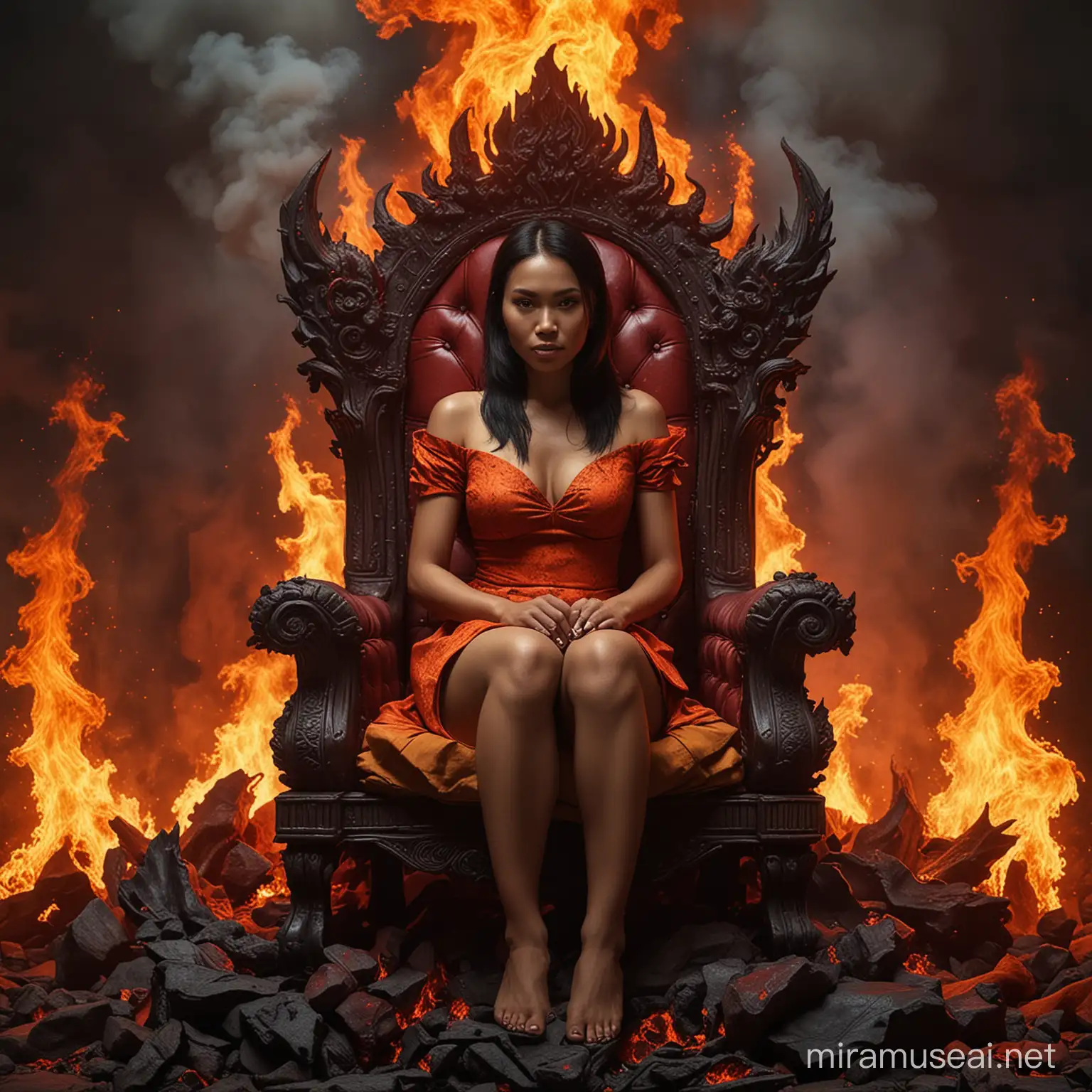 seorang wanita Indonesia yang sedang duduk di kursi setan di neraka v4 warna-warni yang realistis, api di sekelilingnya