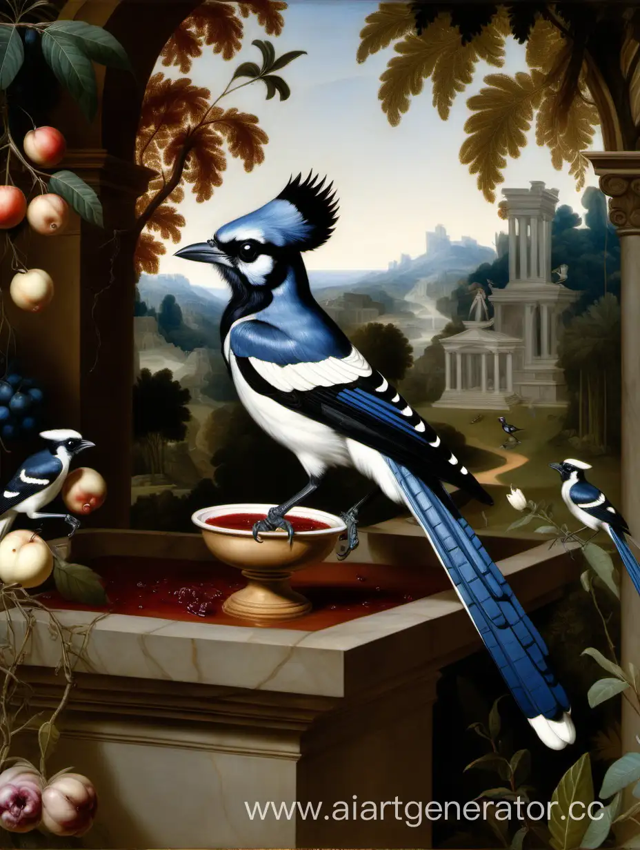 A Renaissance painting depicting a black-throated magpie jay sitting in the Garden of Eden and drinking the blood of God