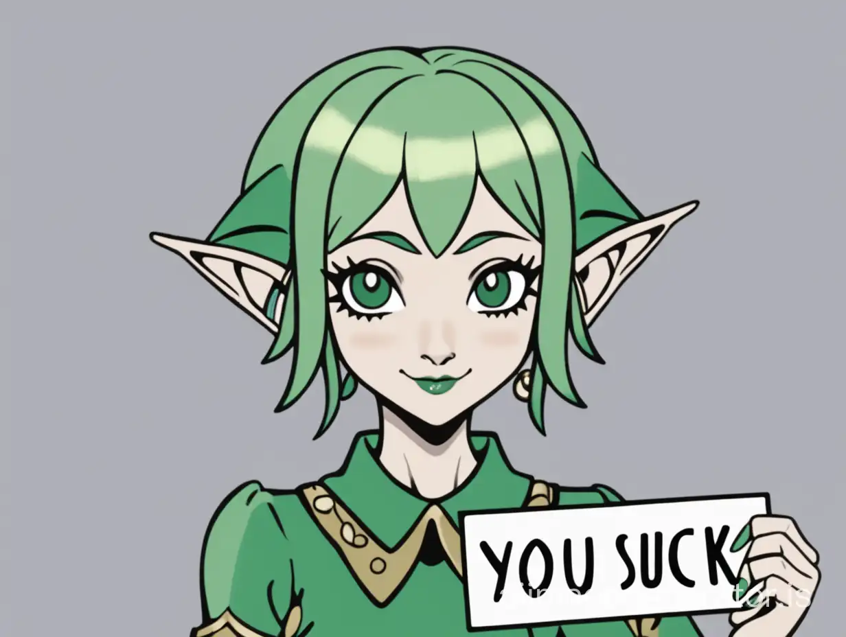 Short Green hair elf woman holding a sign that says “you suck”