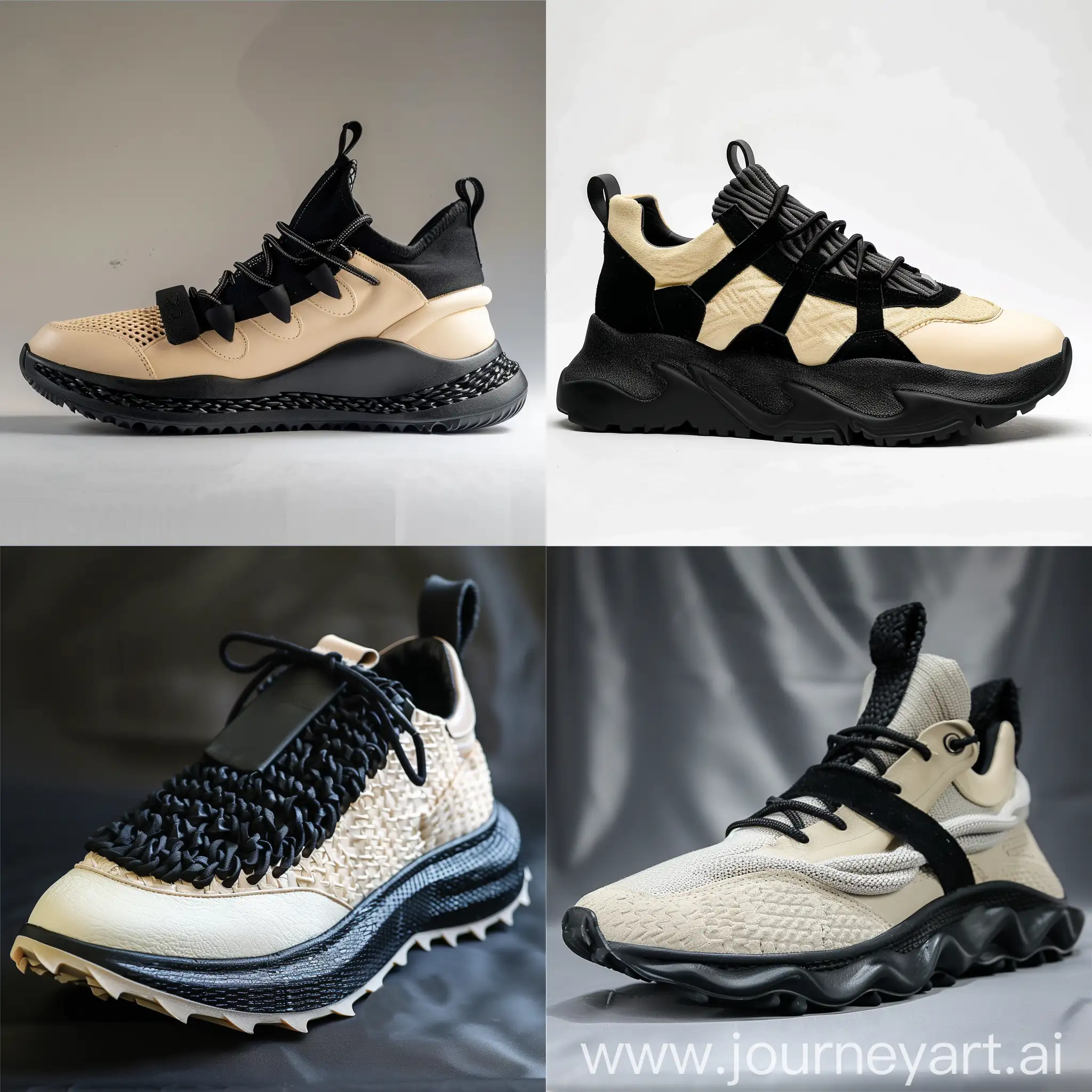 School Sneakers design , inspiration by shark shape , materials leather/verne/suede/mesh , color black and cream , rubber midsole , black midsole , chunky , trendy , verne black belt around the top of sneakers , low neck , knitted laces looks like cables 