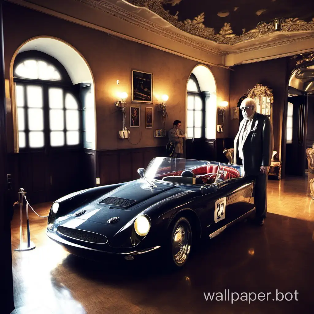 Magnificent-Room-with-Vintage-Sports-Car-and-Wise-Elderly-Guide