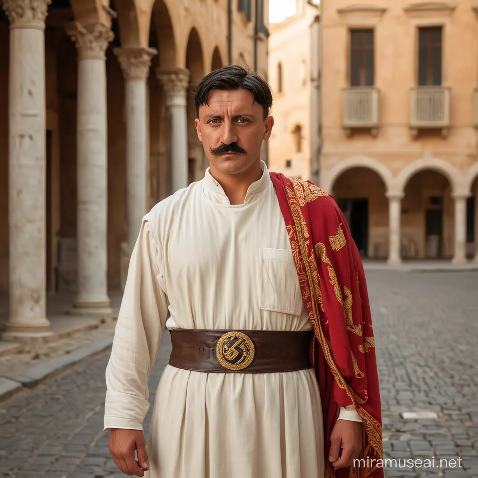 Photo medieval style: southern man around 30, dark hair, suntanned with a small Hitler beard, looks like Adolf Hitler. Dressed in an ancient Roman toga like a Roman senator, standing at a stand in a large medieval Mediterranean city, advertising the Senate election campaign and himself, Sigma 85mm f/1.4, bright colors