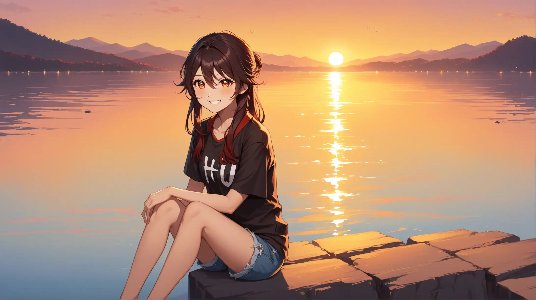 Draw the character Hu Tao, sitting in a striking pose, alone on a lakefront, at sunset, wearing shorts and a shirt, smiling at the viewer