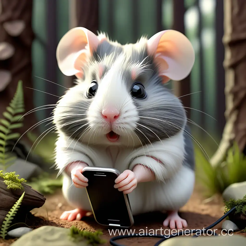 Curious-Djungarian-Hamster-in-Enchanted-Forest-with-Smartphone