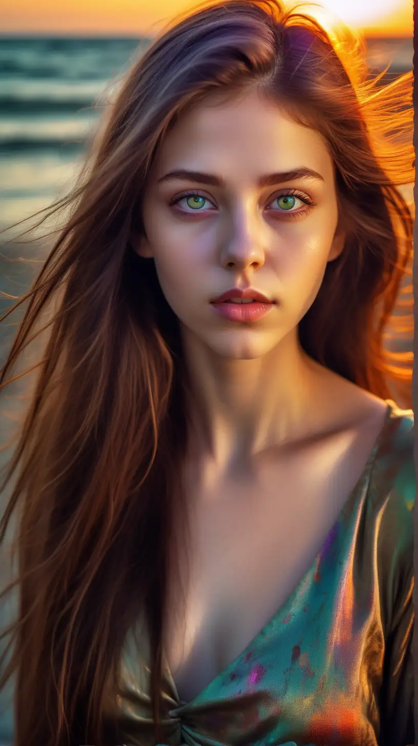 Serene Sunrise Portrait Capturing Gentle Beauty with Velvety Hair and Olive Eyes
