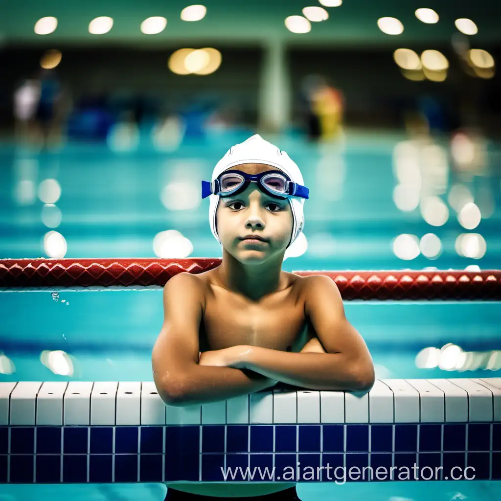 Мальчик пловец у бассейна на соревнования 