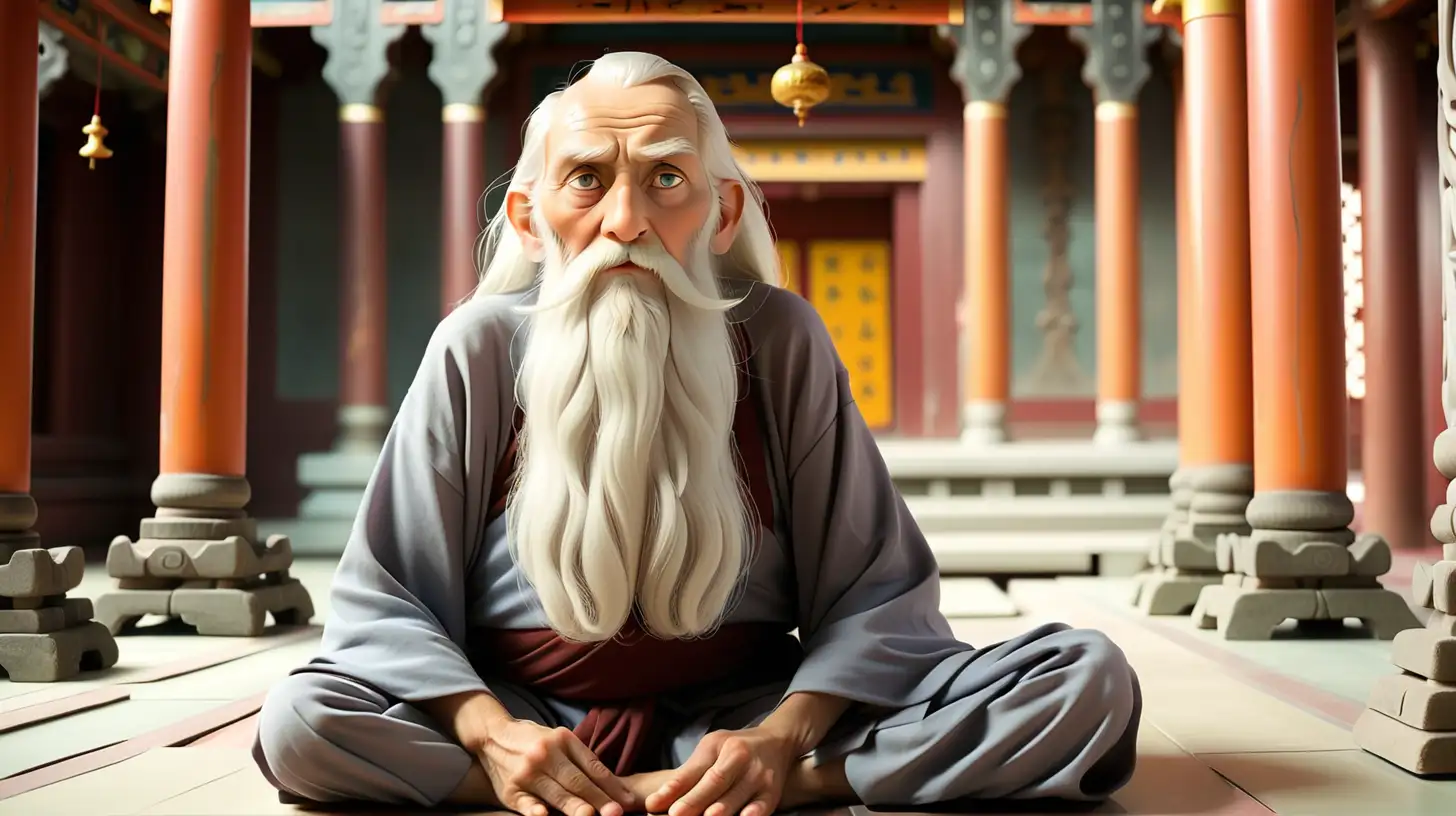 A wise old man with a long, white beard and kind eyes is sitting cross-legged in a peaceful temple. 