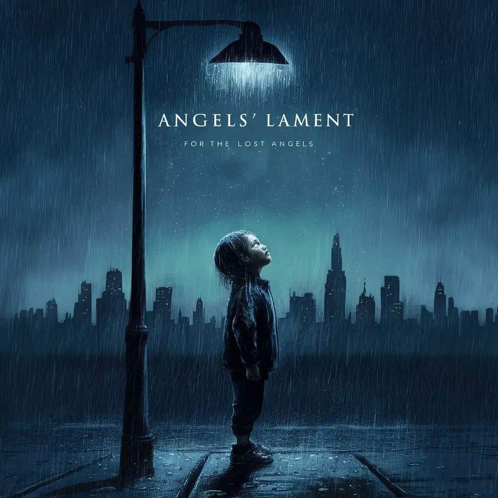 "Design an evocative album cover for 'Angels' Lament' that features a lone child standing under a streetlamp in the rain, looking up towards a starry sky, with the city's silhouette in the background. The mood should be poignant yet hopeful, capturing the essence of the song's themes."