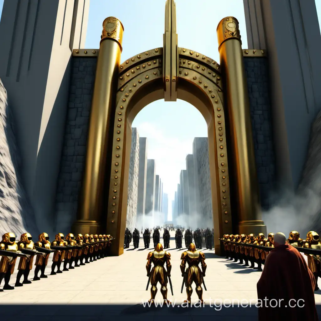 вход в город. золотые ворота , по бокам ворот стоят стражи, великаны с пулеметами.