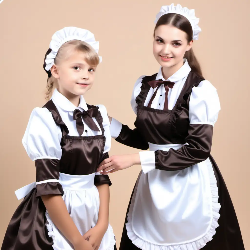 european Girl in satin long maid uniforms,grandmother and daughter with retro maid uniforms