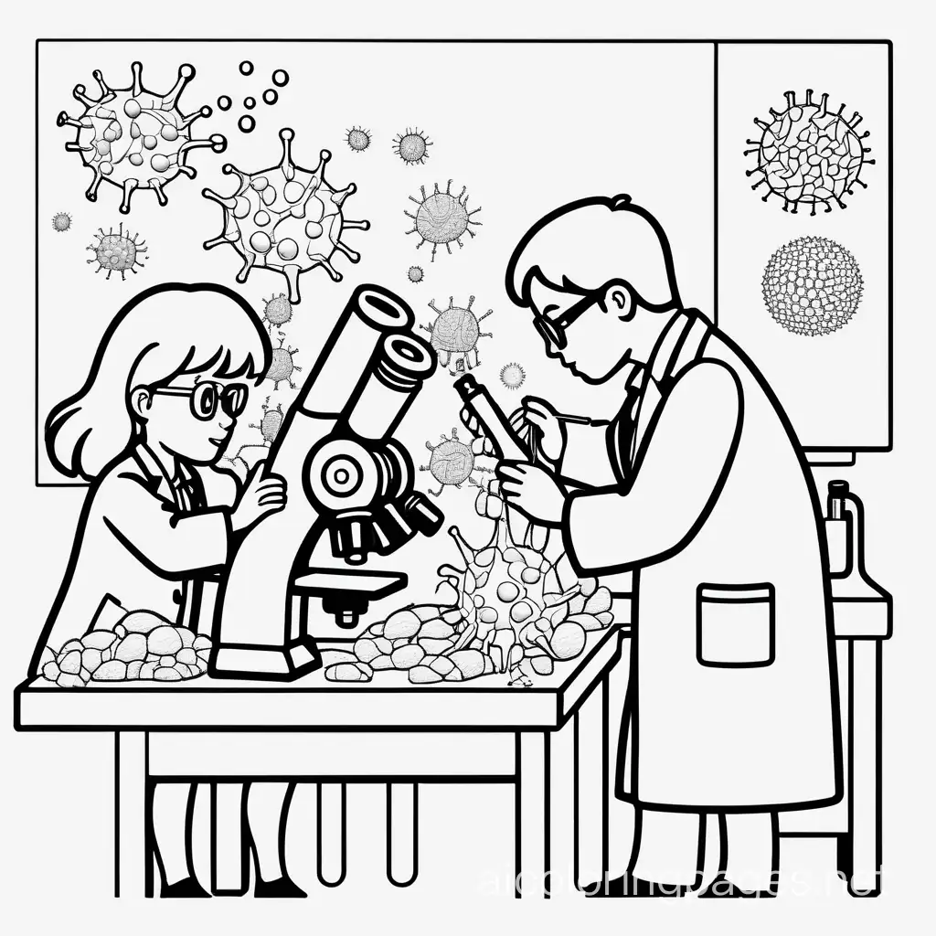 Scientists in lab microscope bacterias viruses woman kids, Coloring Page, black and white, line art, white background, Simplicity, Ample White Space. The background of the coloring page is plain white to make it easy for young children to color within the lines. The outlines of all the subjects are easy to distinguish, making it simple for kids to color without too much difficulty