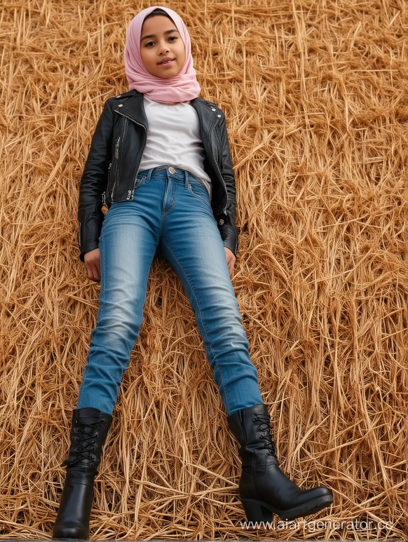 A little girl. 12 years old. She wears a hijab, high waist skinny jeans, leathet jacket, knee-high boots. Her height is 130cm. Close pov shot. Close up. From below. 8k sharp. British. Pretty face. Hay bales.