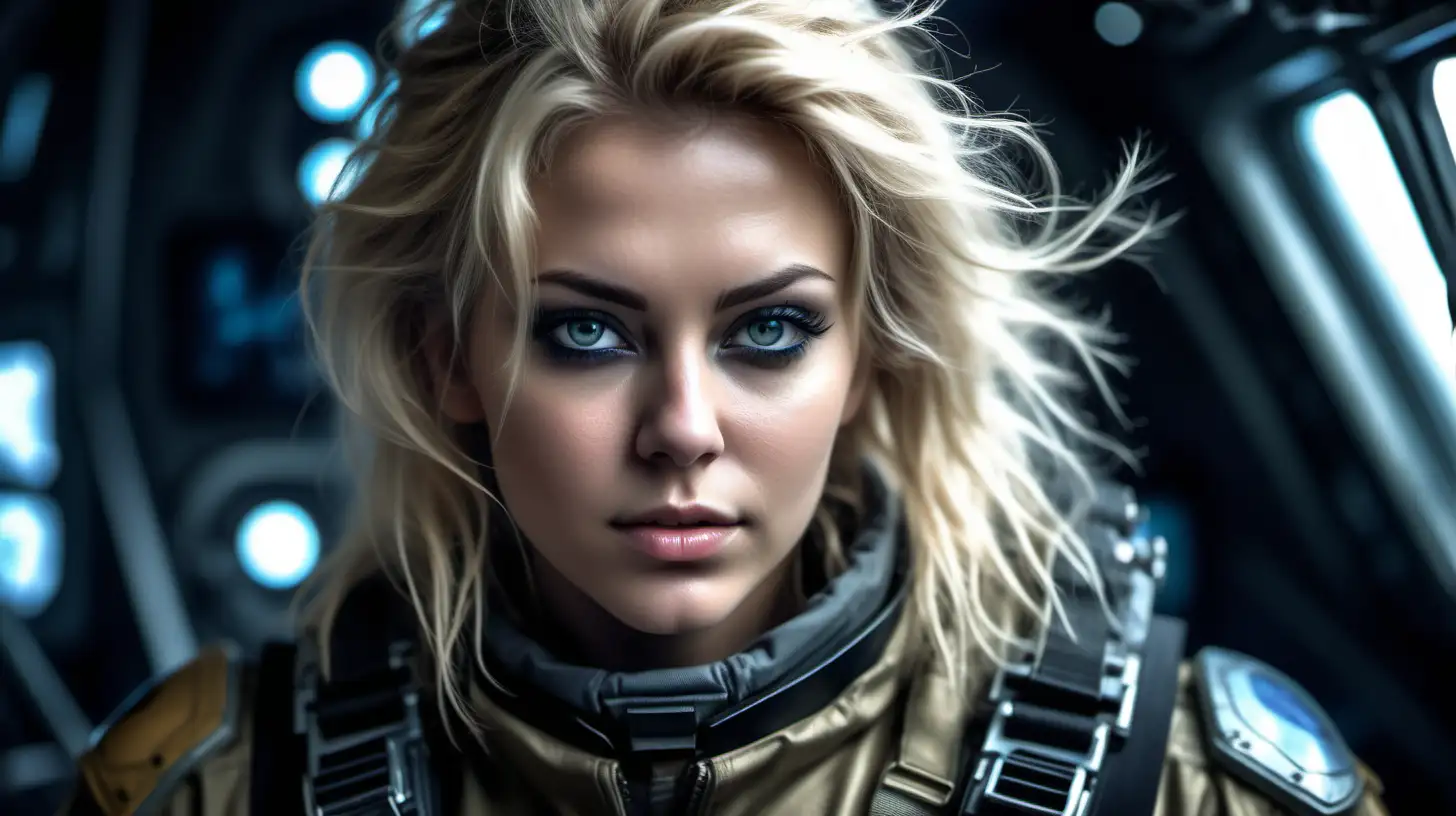 Beautiful Nordic woman, very attractive face, detailed eyes, big breasts, dark eye shadow, messy blonde hair, dressed in an armored flight suit, close up, soft light on face, rim lighting, facing away from camera, looking back over her shoulder, inside a futuristic colored cockpit, photorealistic, very high detail, extra wide photo,