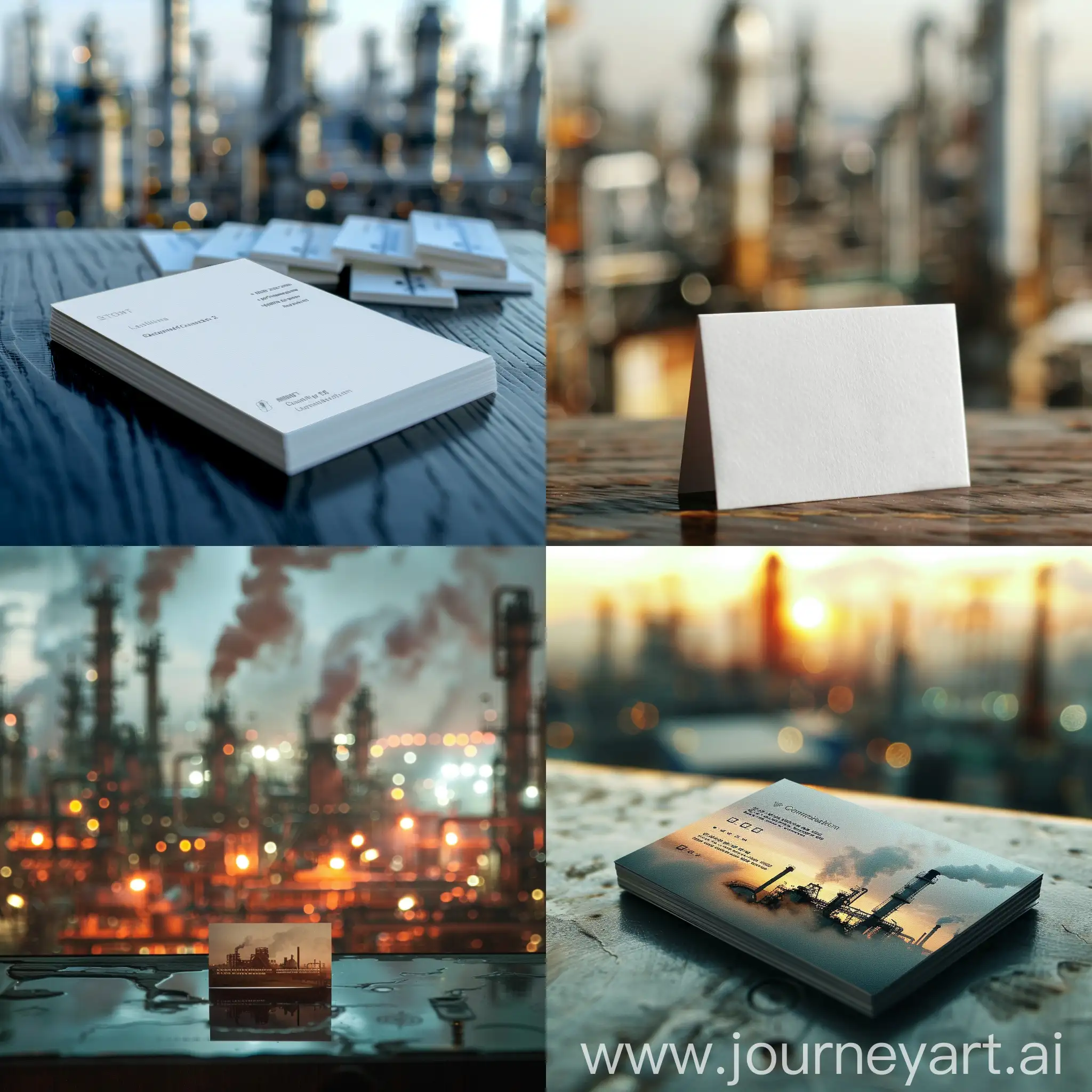 A view of a company business card with a gas refinery background