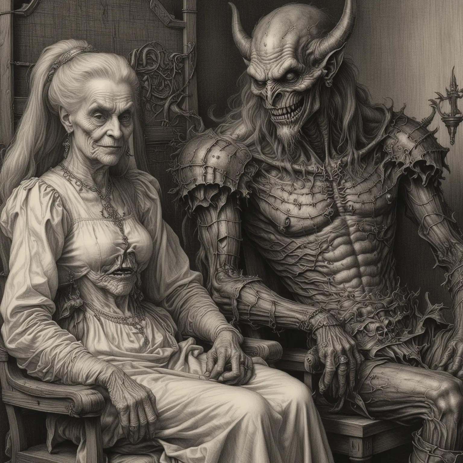 Sinister Demon Standing by Elderly Woman Detailed Pencil Drawing by Albrecht Drer