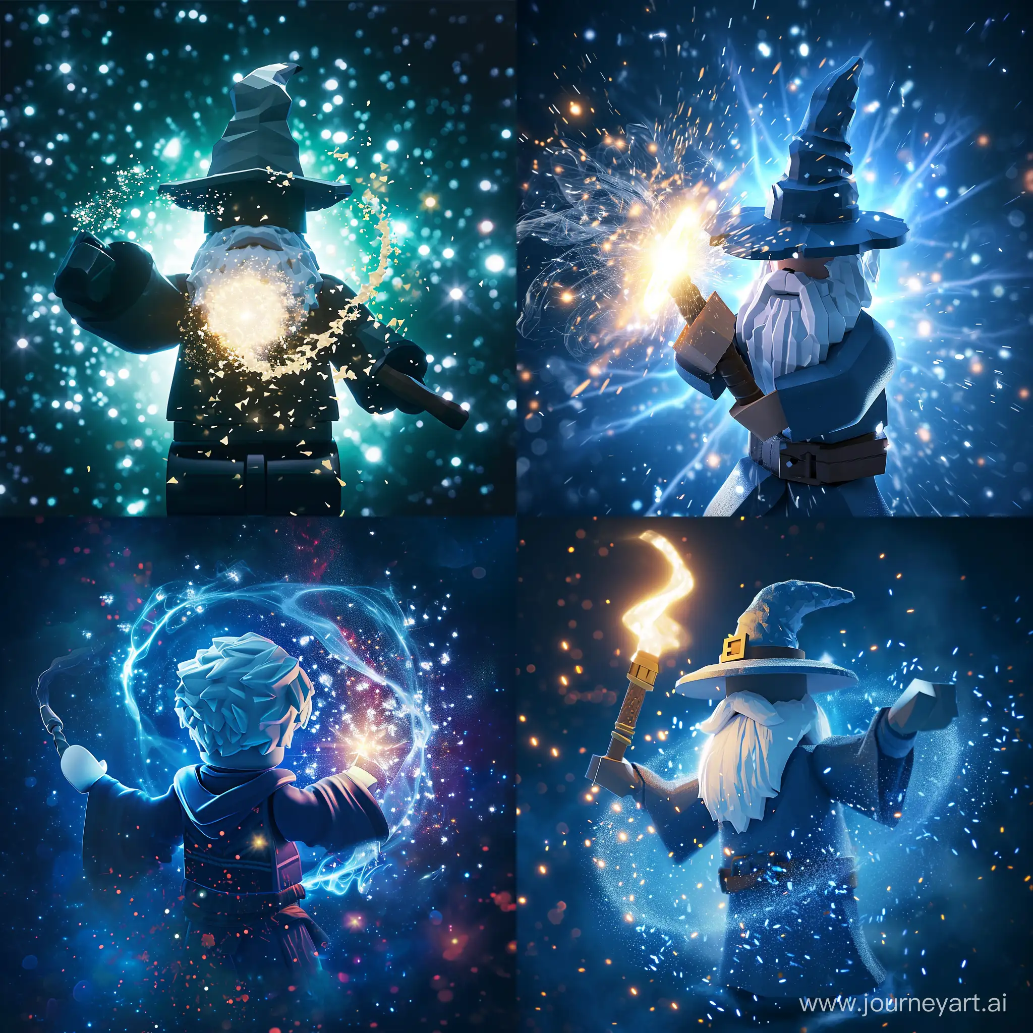 A wizard, whose only visible body is his torso, arms and head, holds a magic wand with spell particles around it in the center of the Roblox-Anime-style picture.