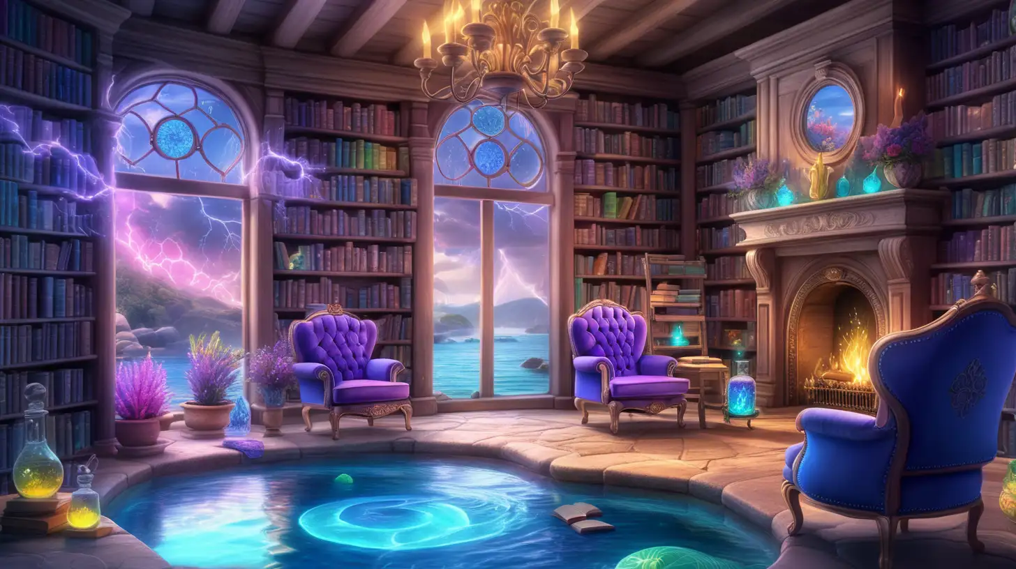 Giant library with potions and books creates path to fairytale magical cozy-fireplace with bright-green-blue-yellow-blue-purple glowing flowers in a glowing bright pink water pond and ocean side with blue-river and  thunderstorm in the sky and magical-cozy chair and fireplace
