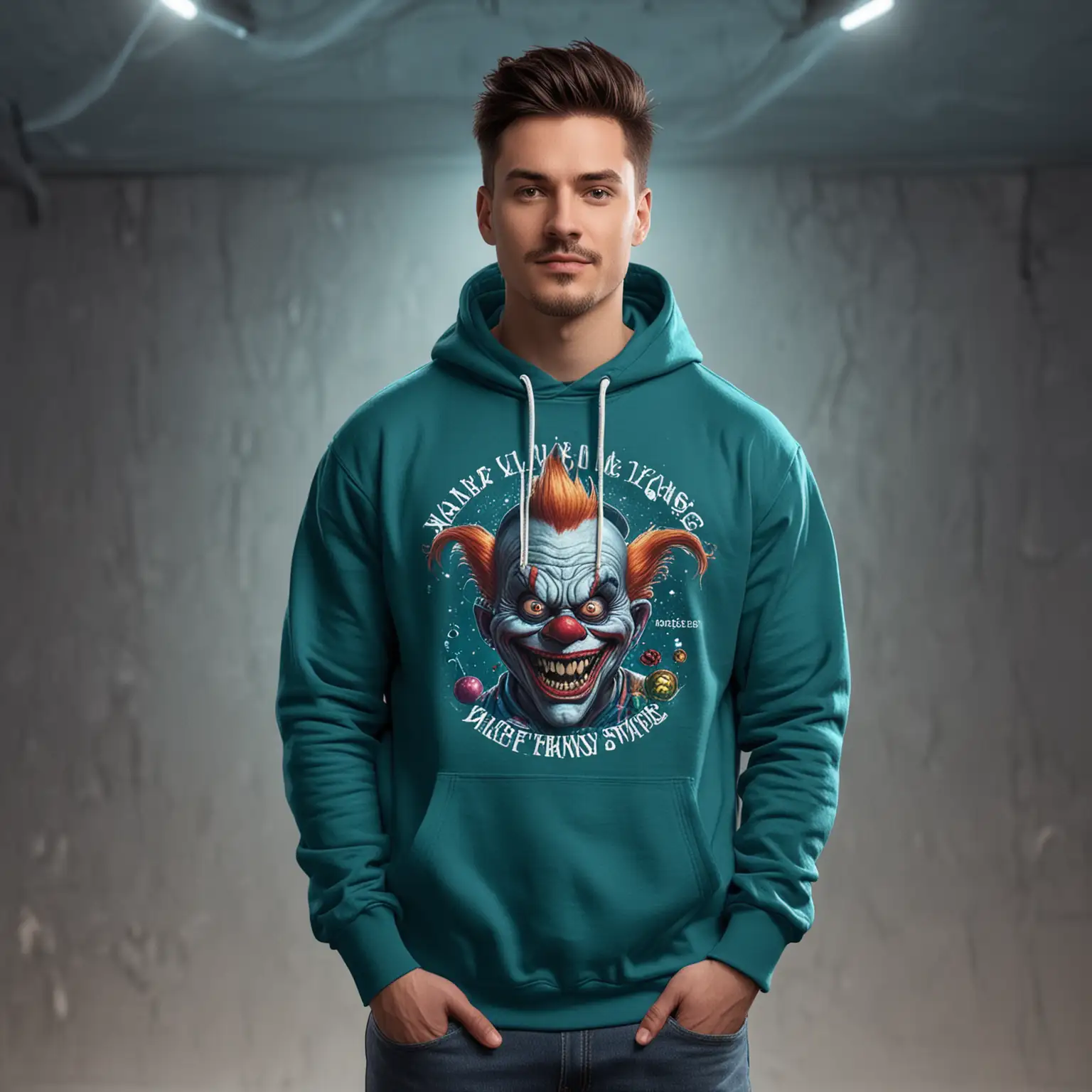 a mockup for a dark turquiose color hoodie on a male model.   The background of the photo should look like a scene from killer klowns from outer space