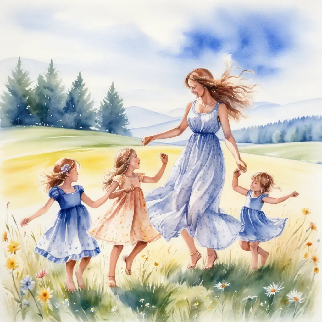 En vacker kvinna I en sommarklänning dansar med sina barn på en sommaräng , I vattenfärg 