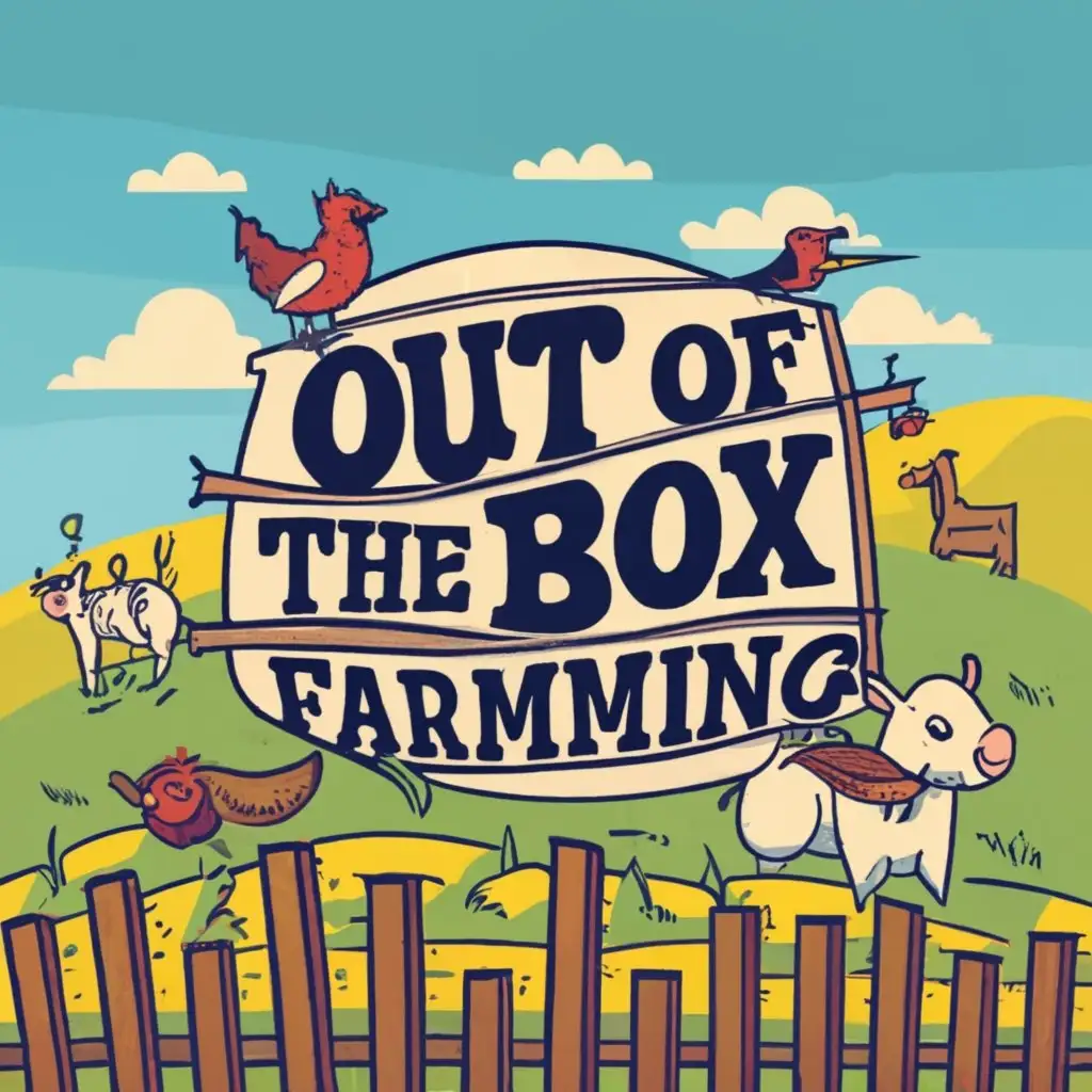 LOGO-Design-For-Out-of-the-Box-Farming-Whimsical-Farm-Animals-Leaping-Over-Fences-with-Creative-Typography