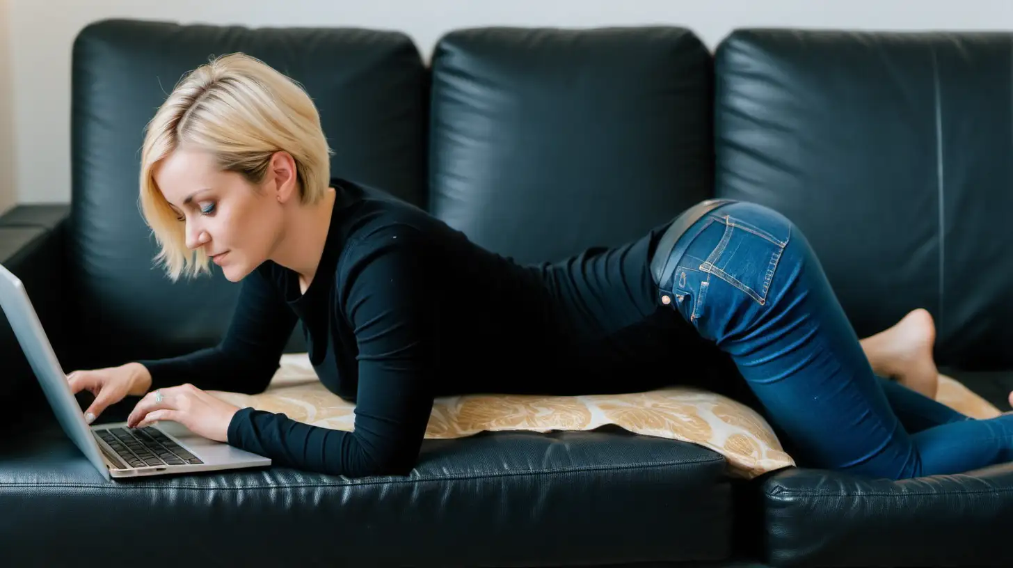 35 jährige frau liegt in einem raum auf einer couch, in dem raum steht ein bett, sie liegt auf dem bauch, sie trägt ein schwarzes langärmiges oberteil und eine enge blaue jeans, sie ist barfuß, sie hat blonde kurze haare,  arbeitet an einem laptop